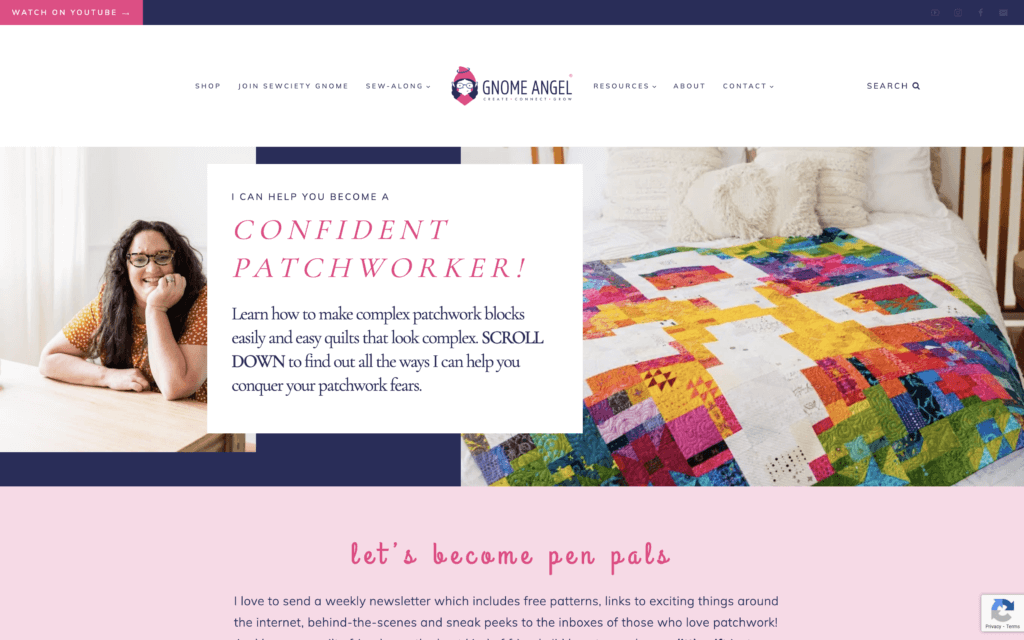 Gnome Angel's quilting-based creator website home page: Gnome smiles with an image of a colorful quilt and playful fonts.