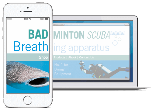 Web design firm Nettl's ad campaign showing the humorous risk of not making your images mobile responsive. The full web page reads: "Badminton Scuba Breathing Apparatus" but the superimposed iPhone version reads "Bad breath."