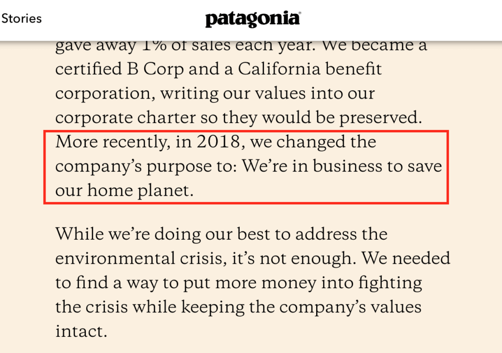Patagonia's purpose statement on its website: "to save our home planet."