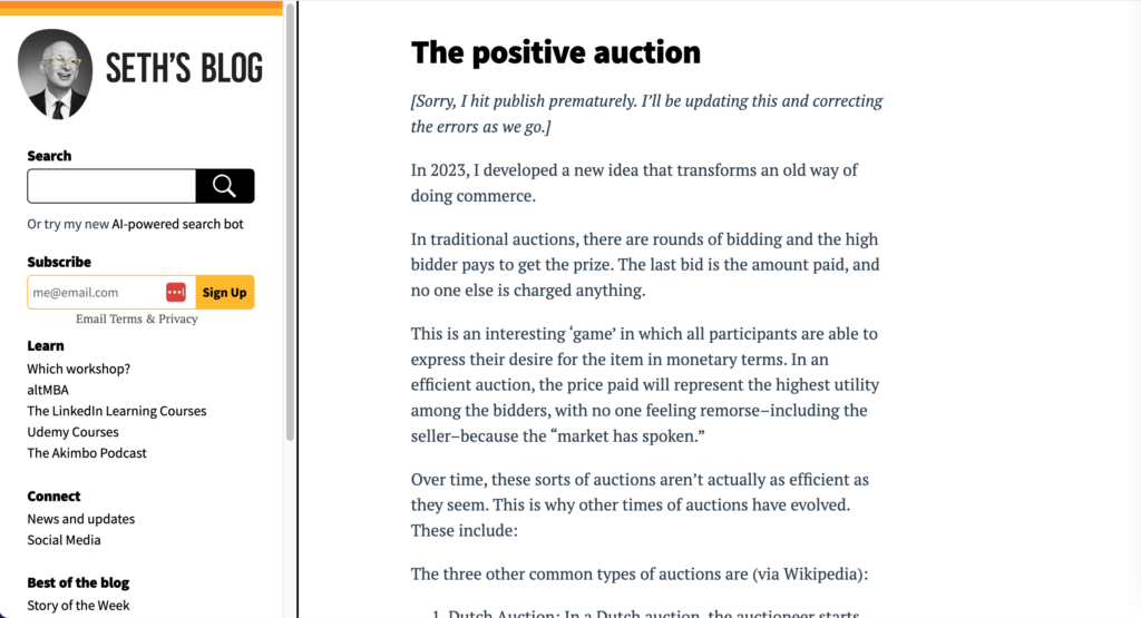 Screenshot from Seth Godin's blog, showing the advantage of a single-column layout.