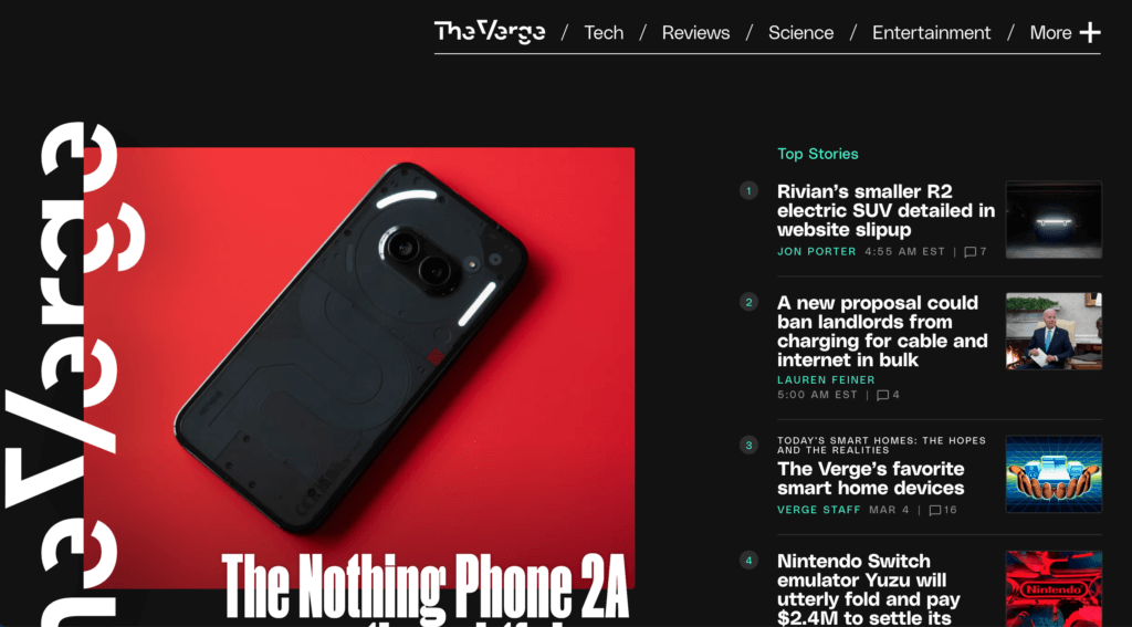 Screenshot from The Verge's home page, showing the example of a magazine-style website layout.