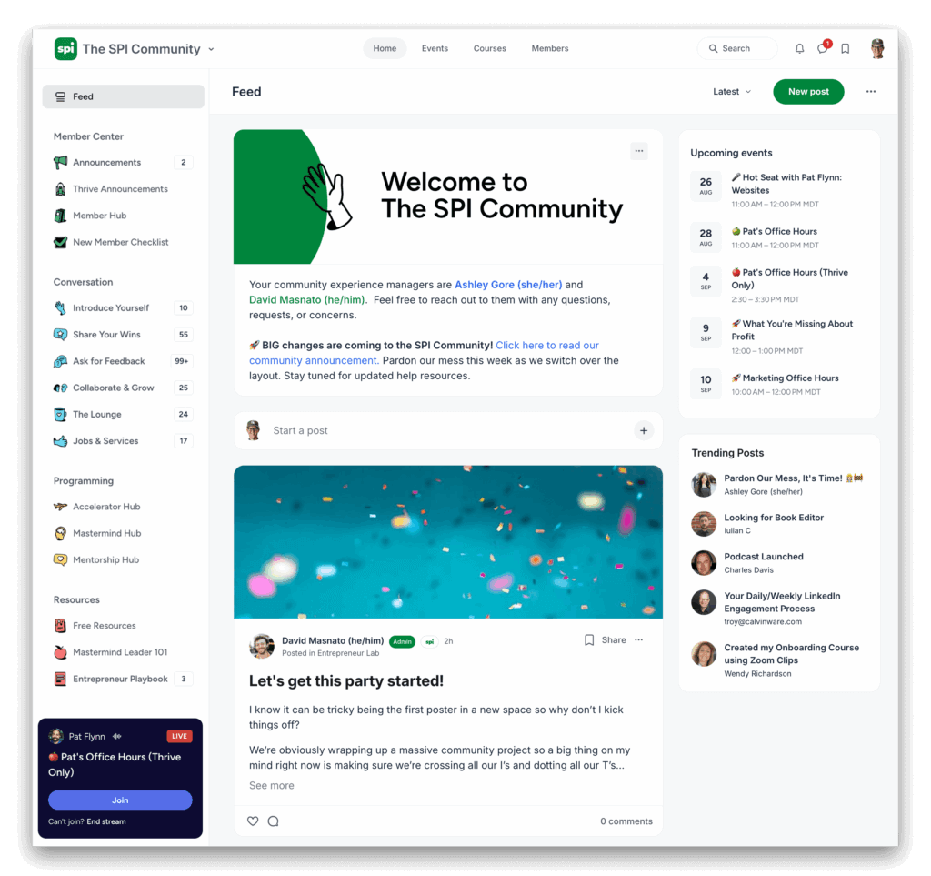 View of the SPI Community platform with list of conversations on the left, the main conversation in the middle, and trending conversations on the right