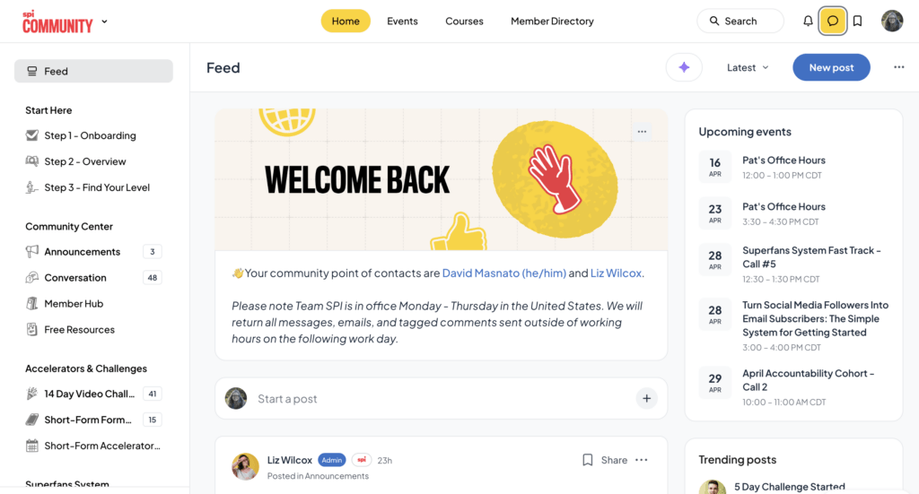 View of the SPI Community on the Circle platform with community posts and events